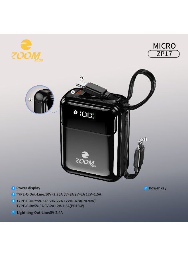 زوم بلس باور بنك زوم بلس MICRO ZP17 بسعة 10000 مللي أمبير | شحن سريع PD بقوة 22.5 واط | كابلات مدمجة مزدوجة | شاشة رقمية | تصميم صغير وخفيف - Image 1